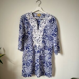 Roberta Roller Rabbit Embroidered Tunic Blue White Boho Resort Top S